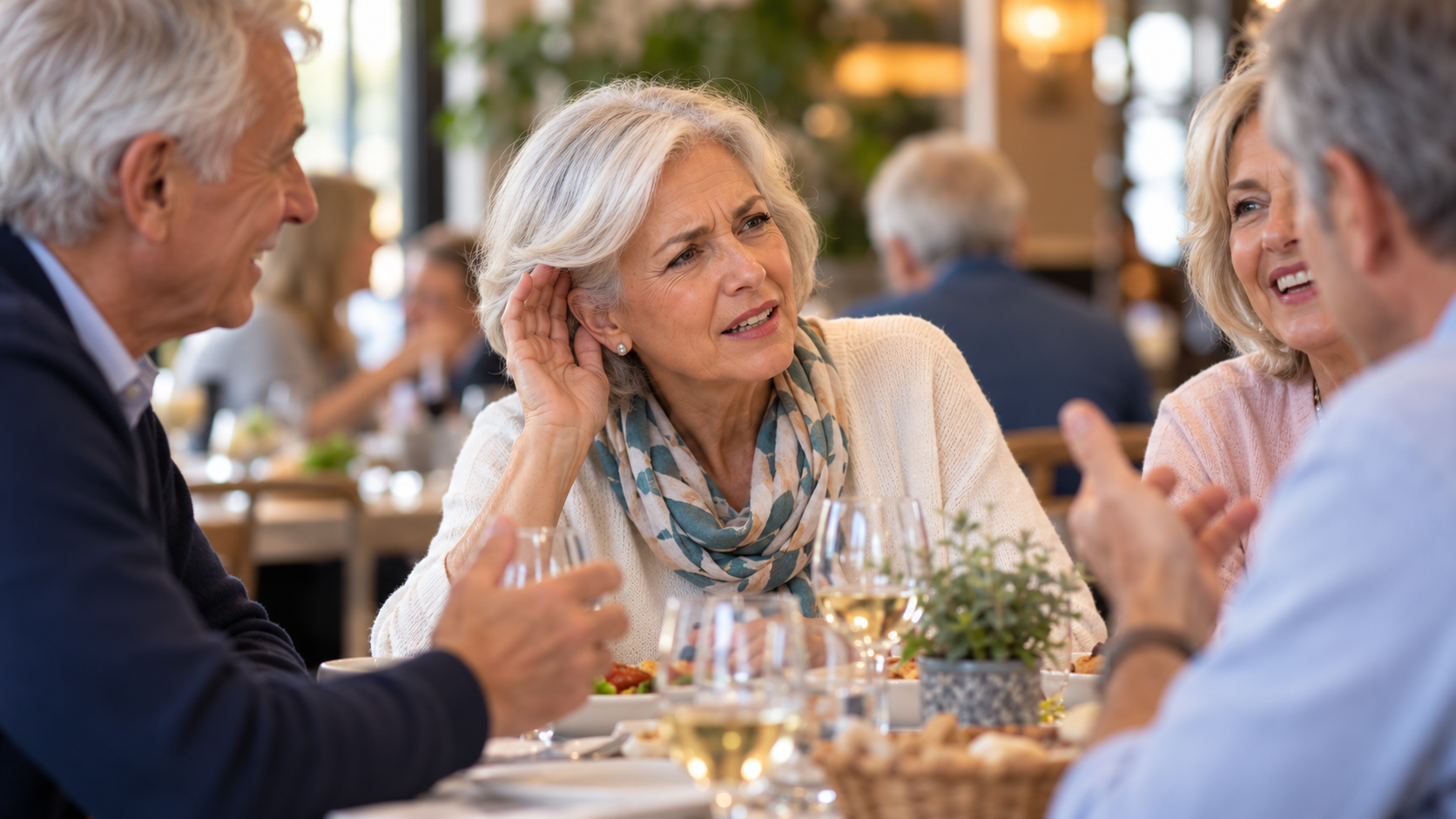 Mujer mayor con dificultades para entender una conversación en un restaurante con ruido de fondo