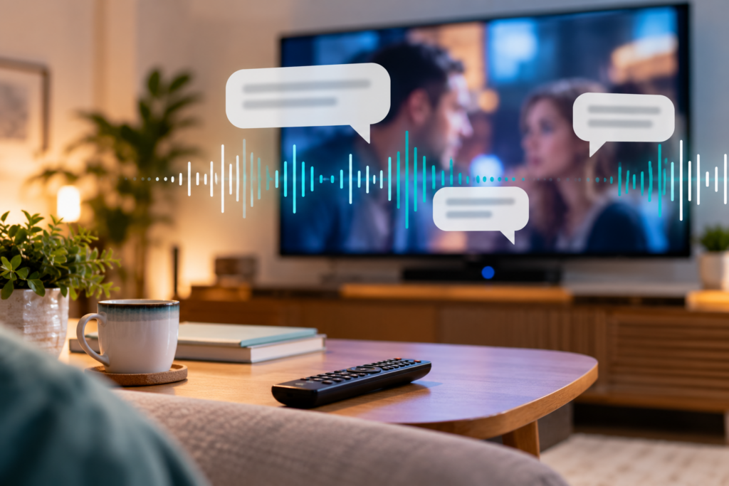 Televisor con diálogos de una película representados mediante ondas sonoras, ilustrando la dificultad para comprender el habla