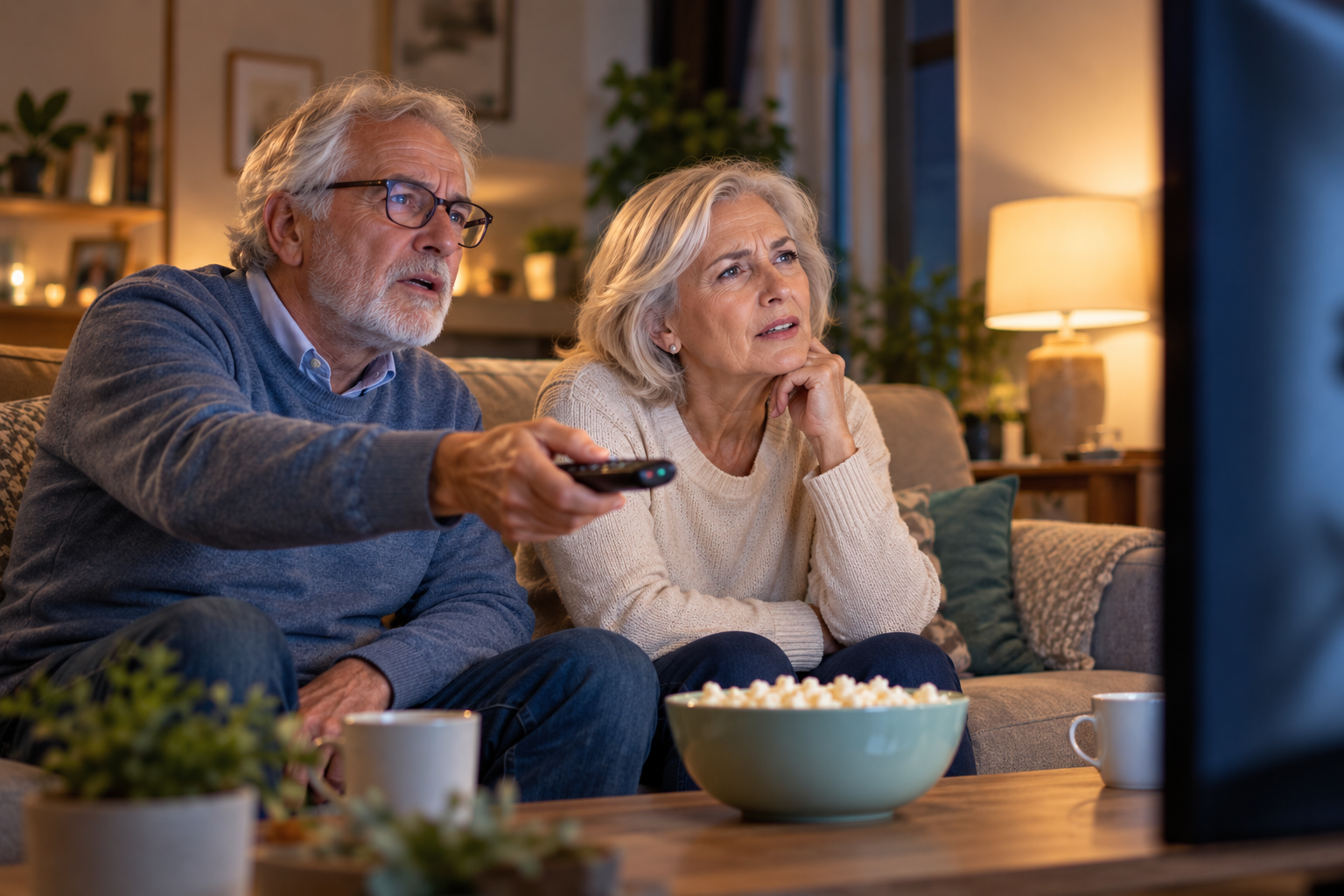 Pareja mayor viendo la televisión con dificultades para entender los diálogos de las películas